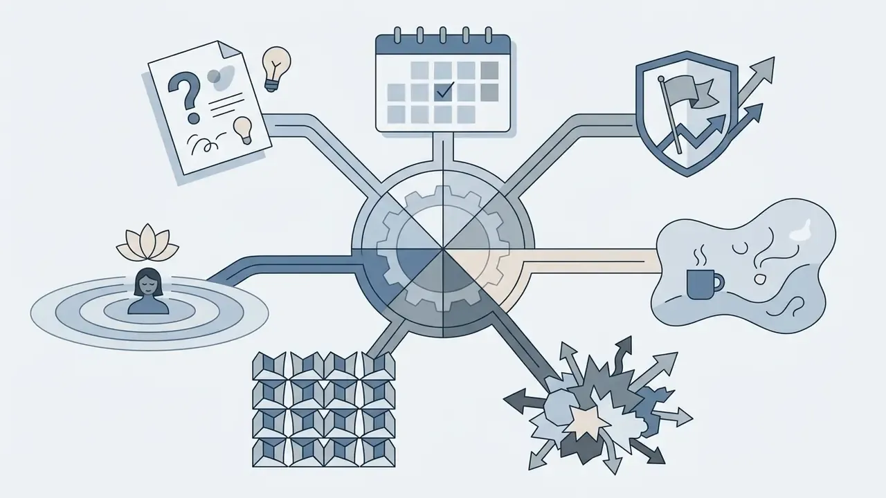 Seven creative mode icons connected by paths to a central gear mechanism