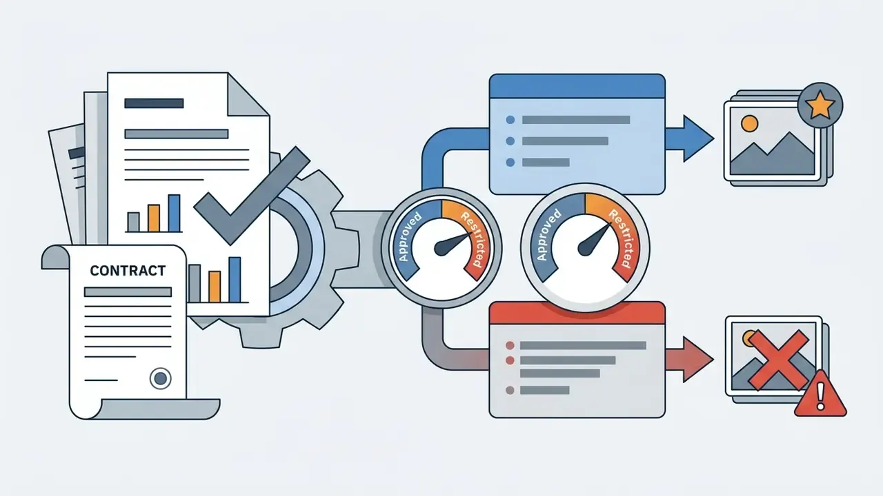 Contract and document icons feeding into gauges that sort output into approved or restricted image categories
