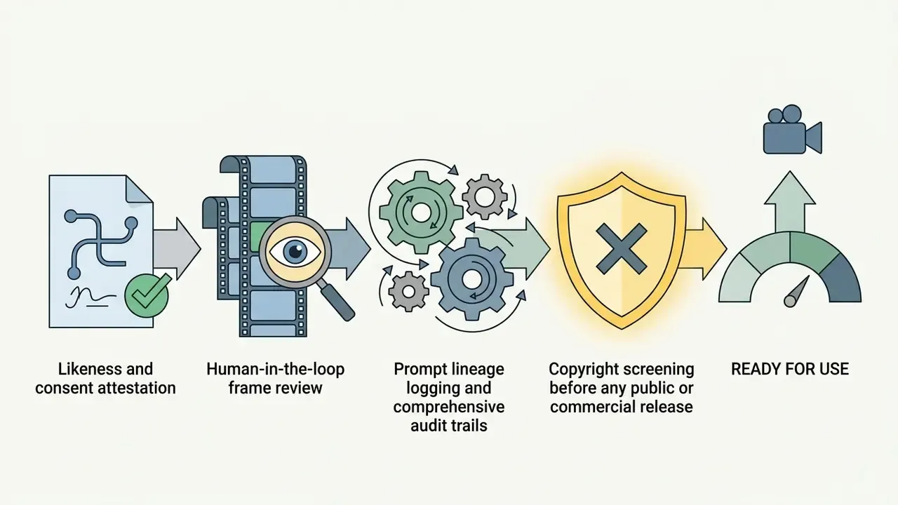 Sequence of steps for OpenAI Sora safety checks including consent, frame review, logging, and screening