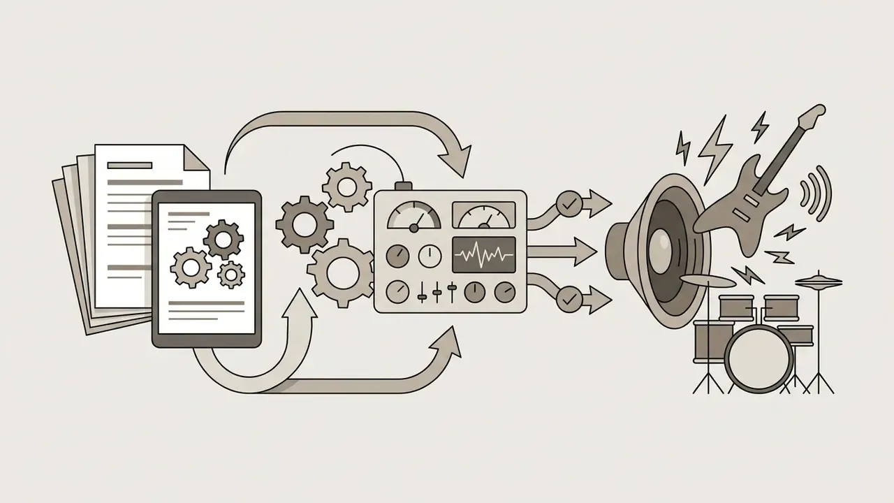 Document and tablet prompts feeding into a gear-driven audio processor to output rock music instruments