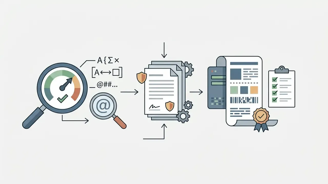 Magnifying glasses analyzing data and handles before processing documents into a certified report