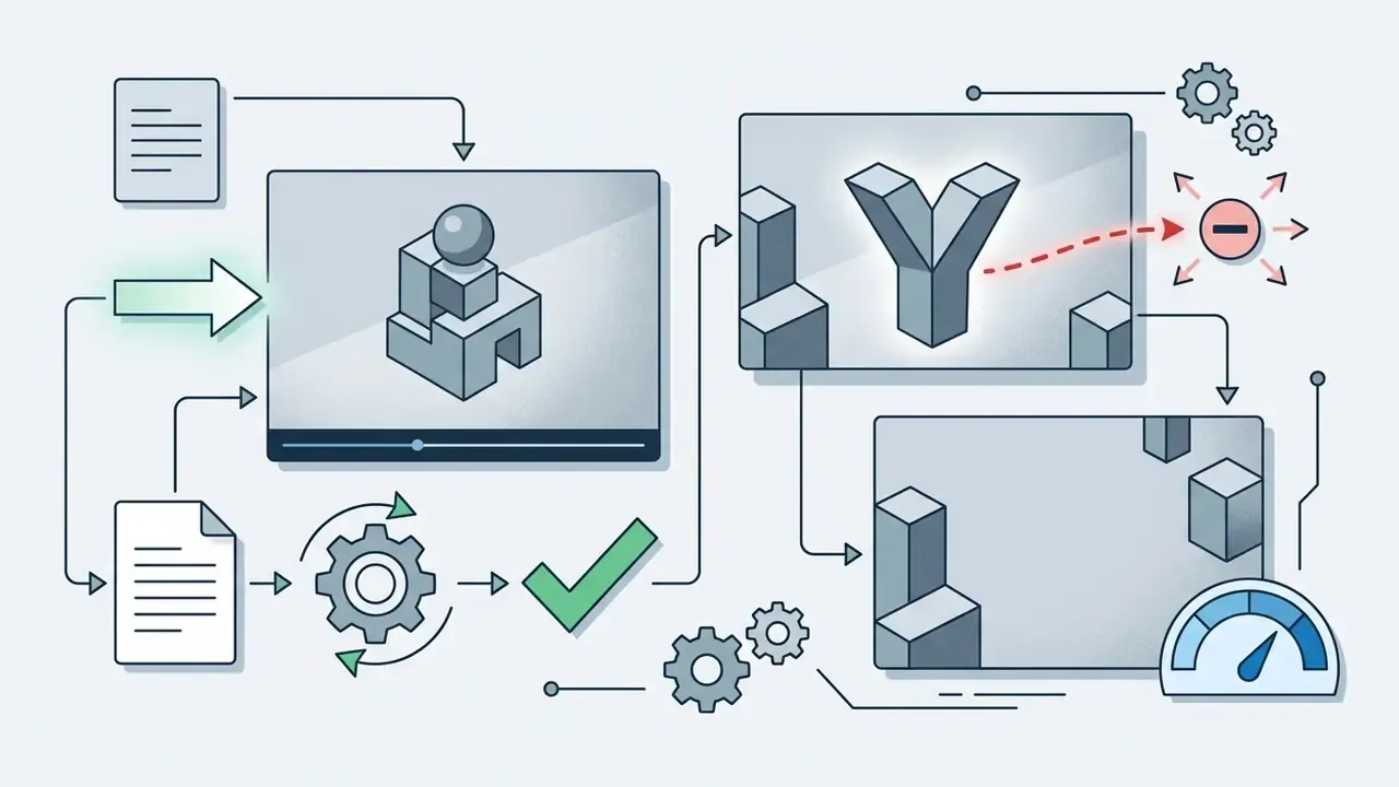 Process showing document inputs processed by gears to remove objects and rebuild a scene background
