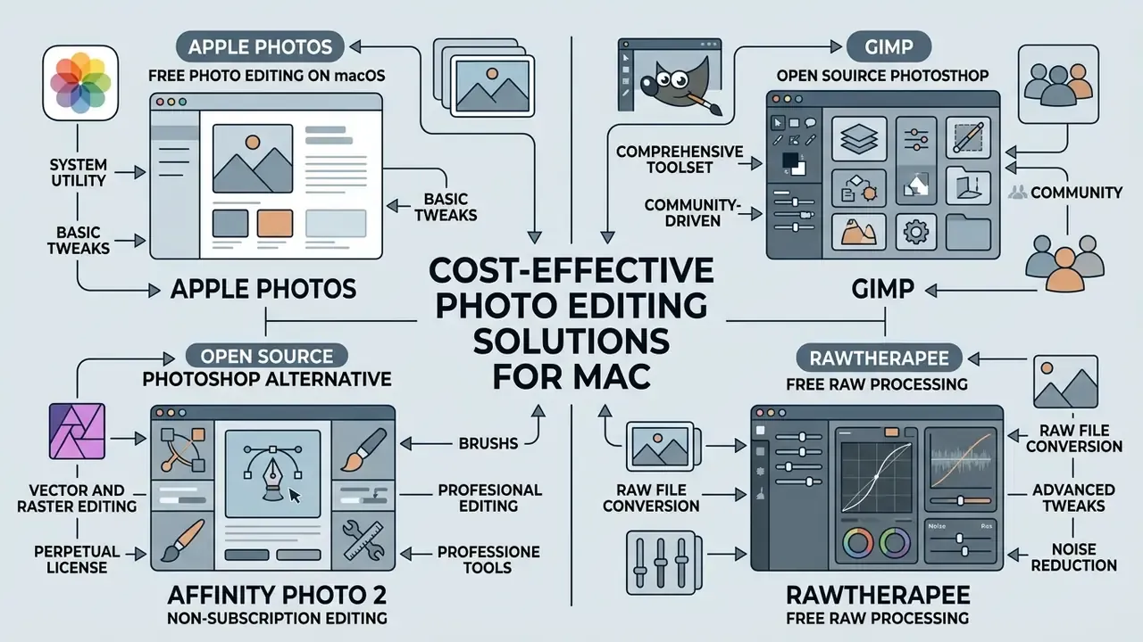 Diagram summarizing Apple Photos, GIMP, Affinity Photo 2, and RawTherapee as photo editing solutions for Mac