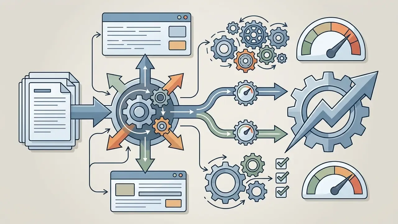 Text documents feeding into a central processing hub with gears and gauges measuring attack outcomes
