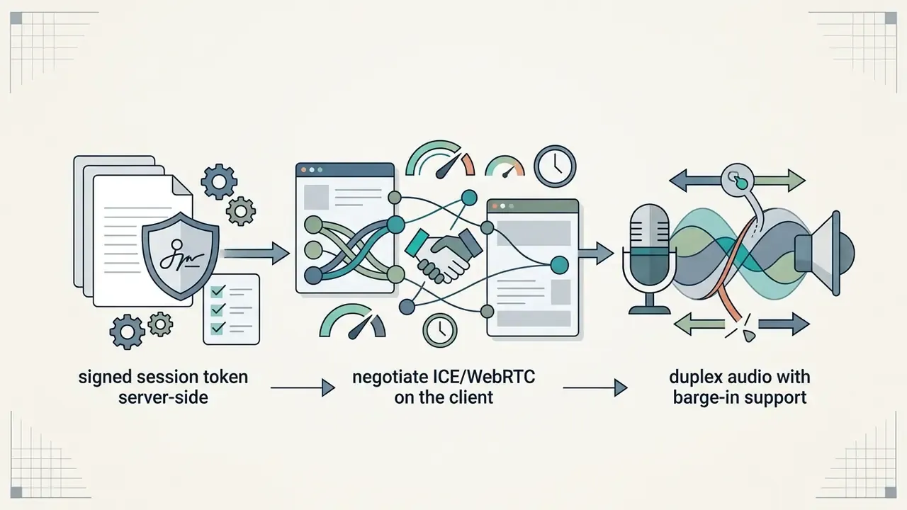 Sequence showing server-side session tokens, client-side WebRTC negotiation, and duplex audio streaming