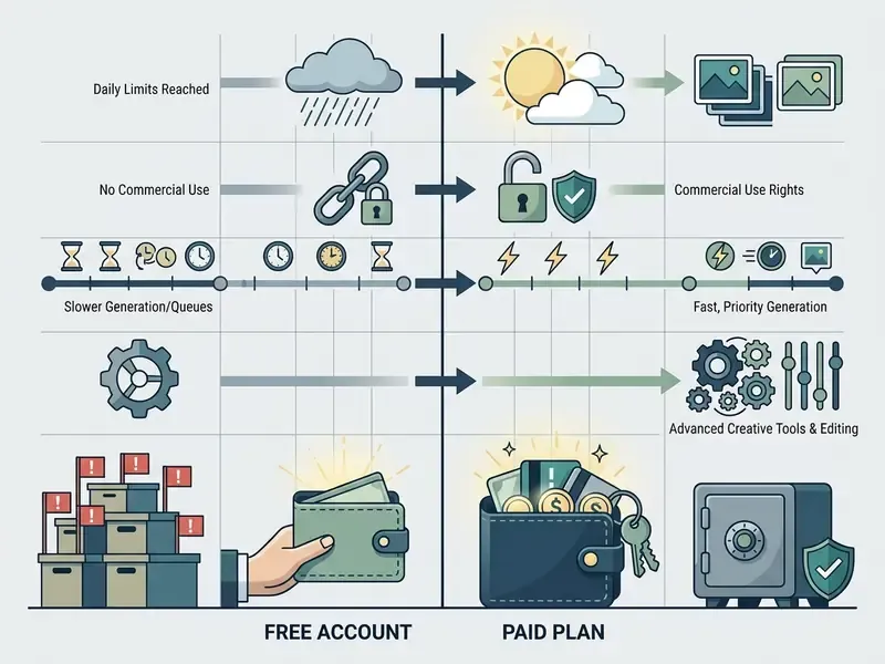 Table contrasting limitations of a free AI image generator account against the benefits of a paid plan
