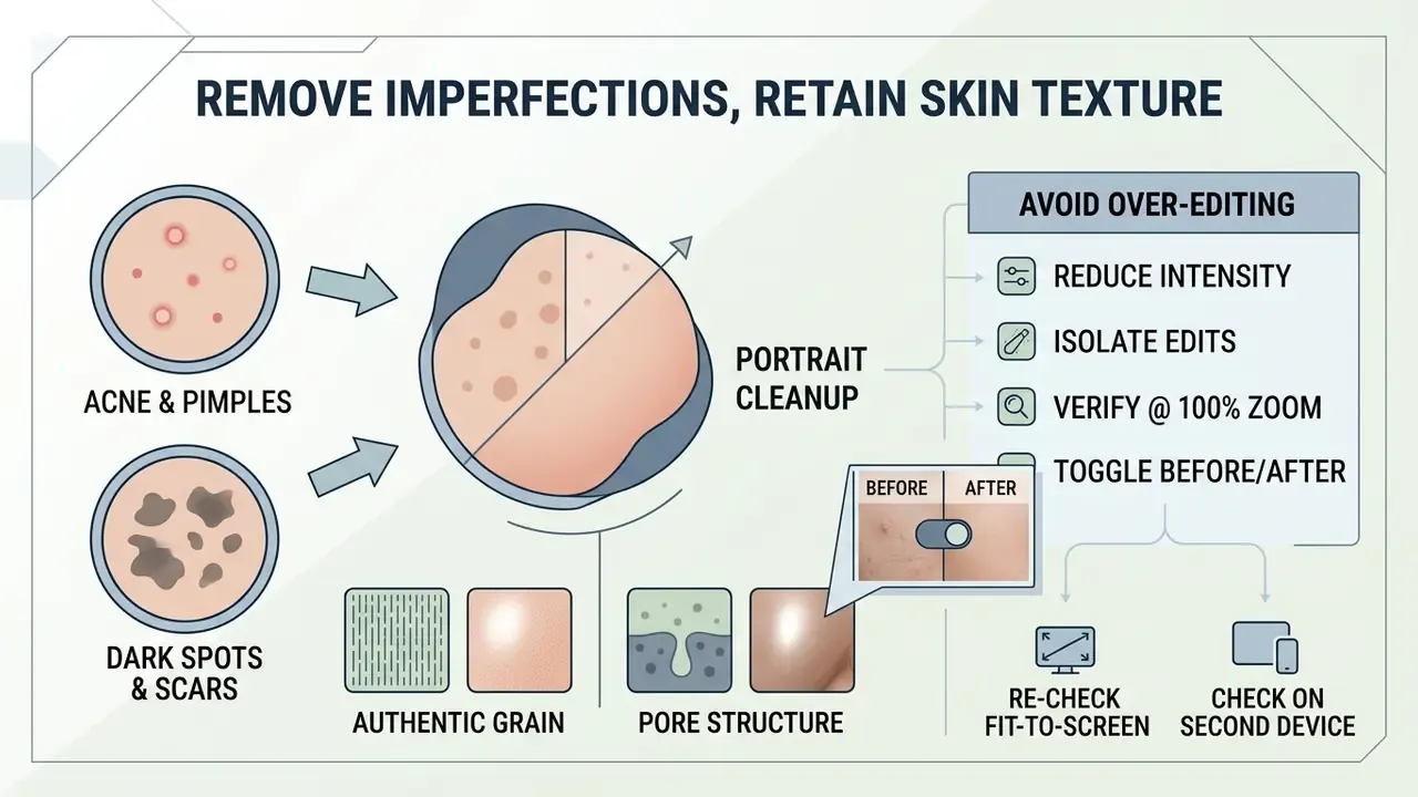 Infographic showing steps to remove skin blemishes while preserving natural grain and pore structure