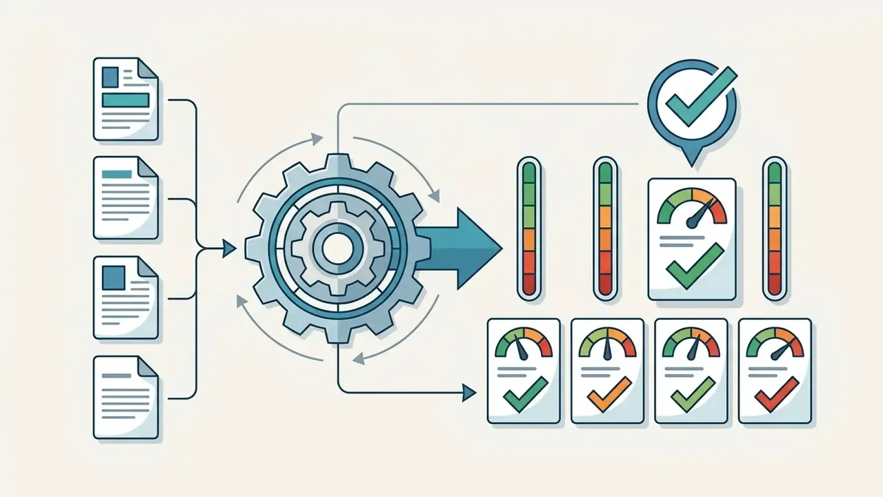 Documents feeding into a central gear system that outputs data to multiple performance gauges and indicators
