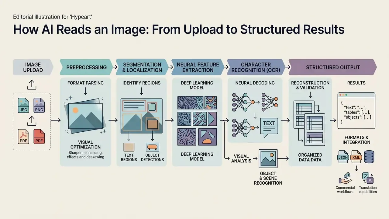 Diagram detailing the sequential stages of AI that can read images from file upload to structured data output
