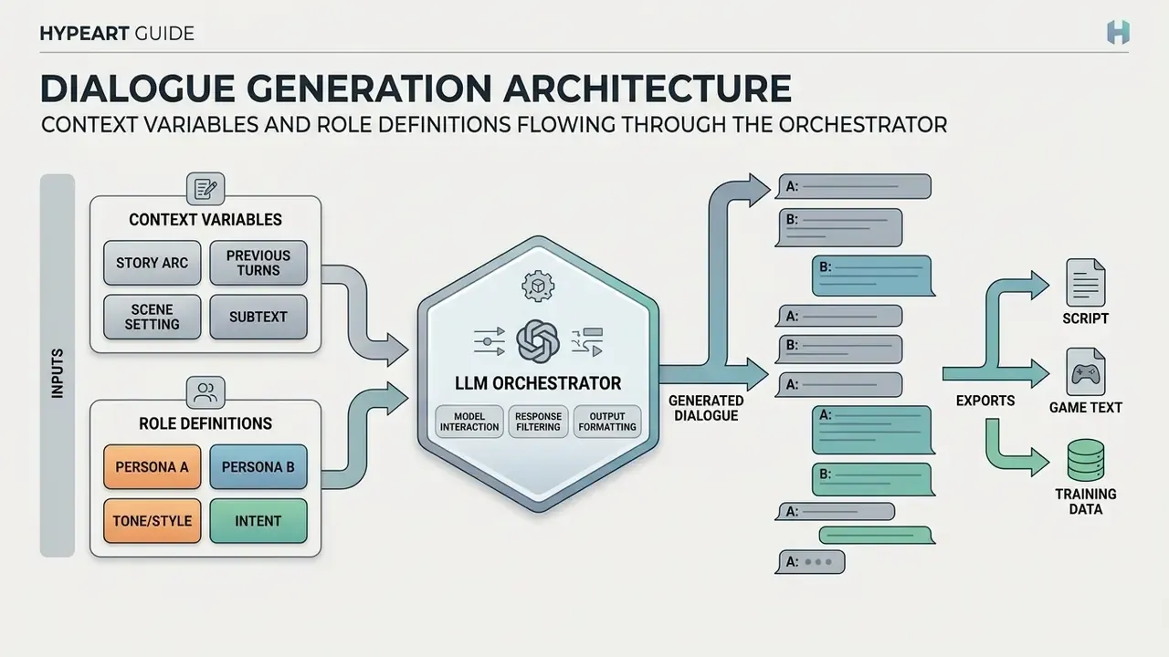 Flowchart showing context variables and role definitions feeding into an LLM orchestrator to produce dialogue