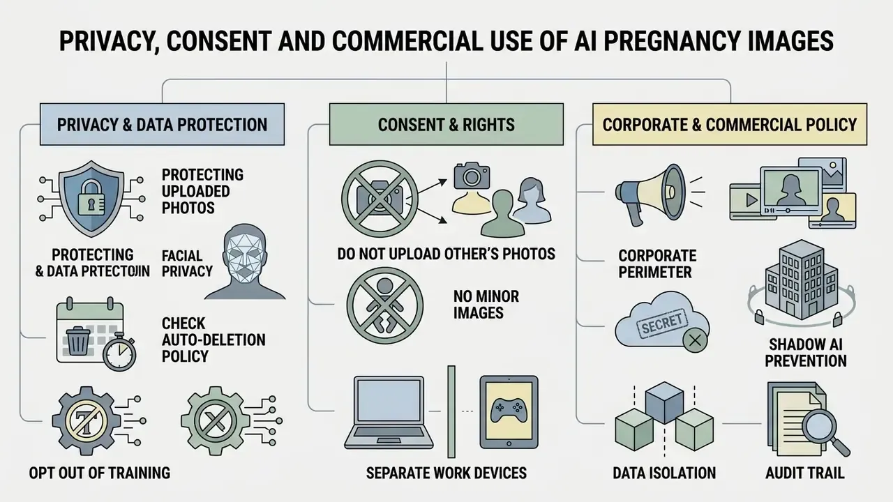 Structured diagram outlining data protection, user consent, and corporate policy for digital media