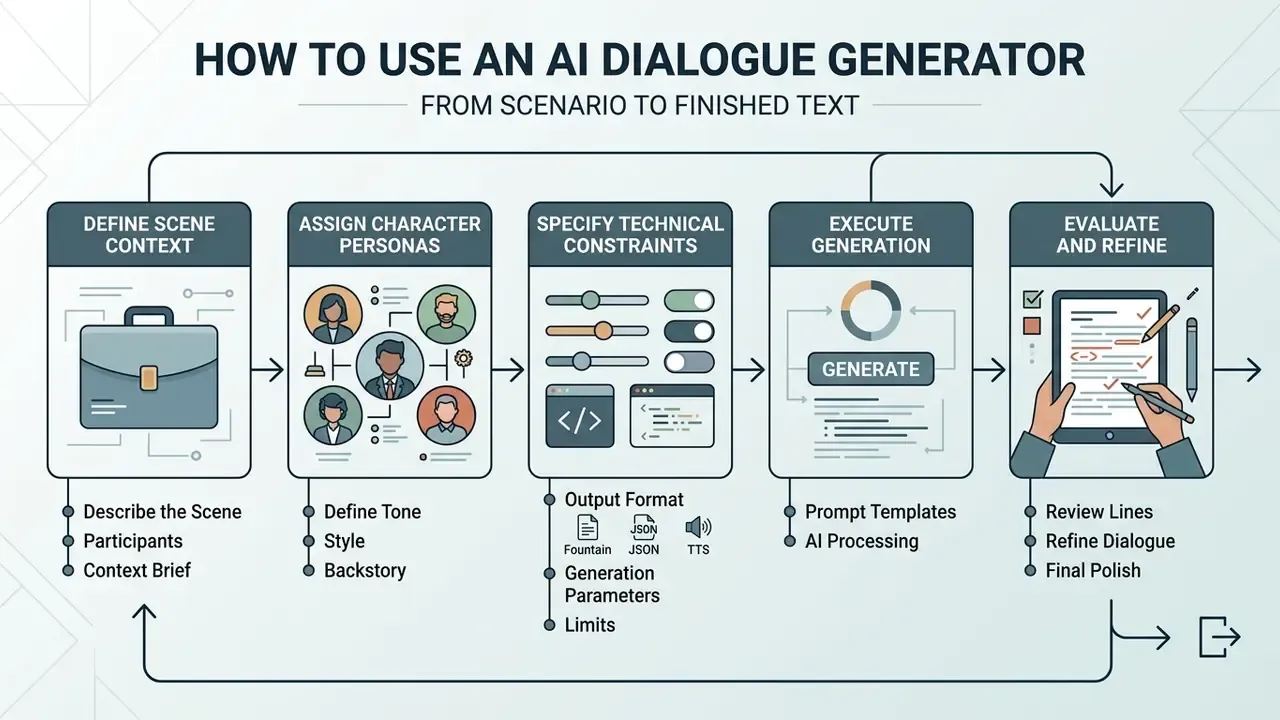 Step-by-step workflow infographic showing the sequence from defining scene context to final text refinement