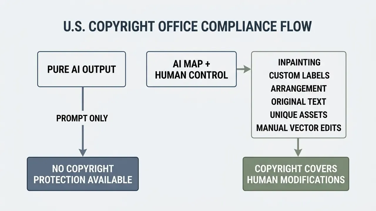 Decision flowchart contrasting copyright outcomes for pure AI outputs versus human-modified map designs