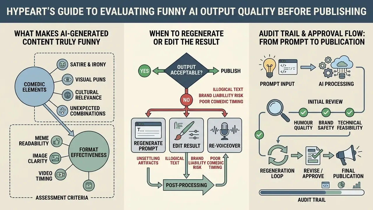 Three-part infographic outlining criteria for comedic content, editing decisions, and publication workflows