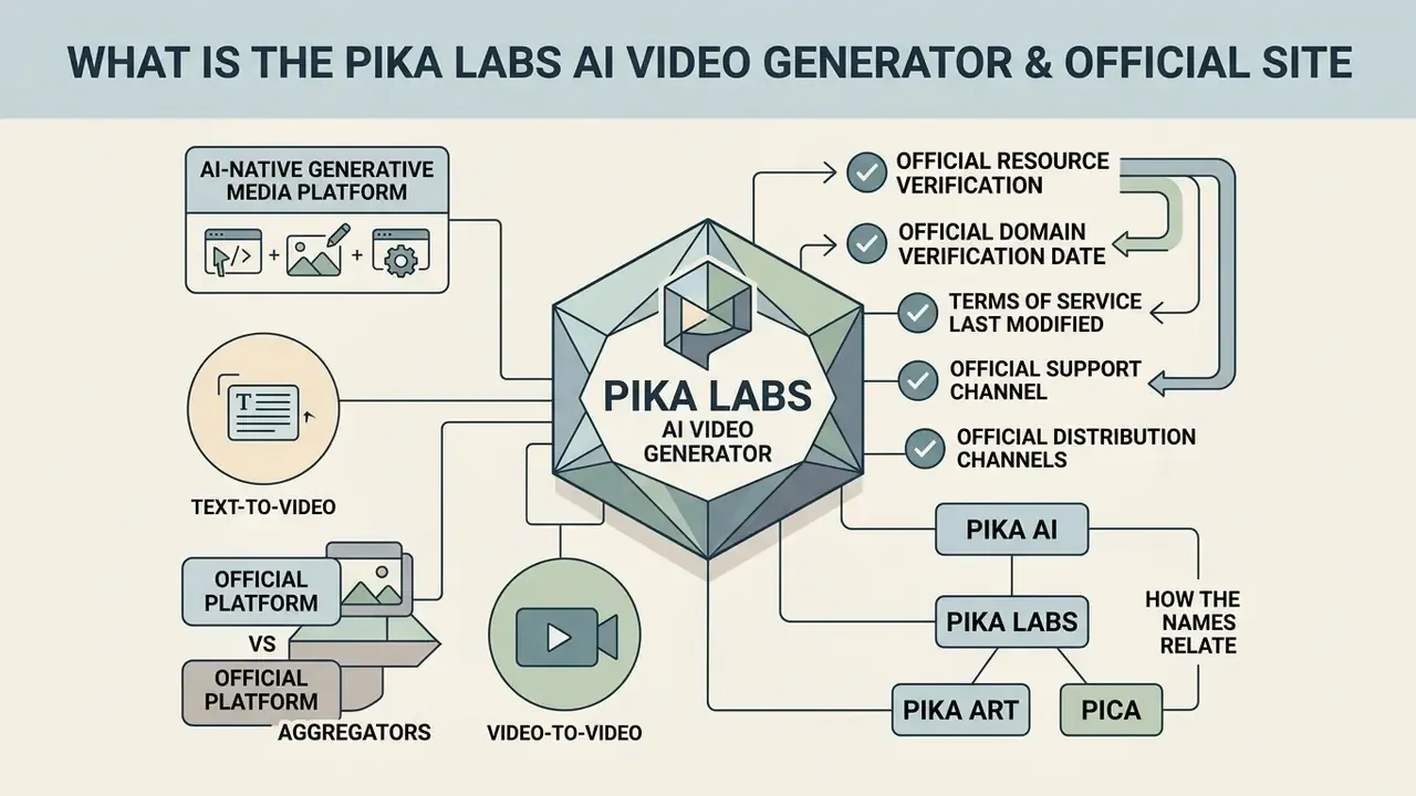 Infographic diagram explaining the Pika Labs AI video generator features and official site verification