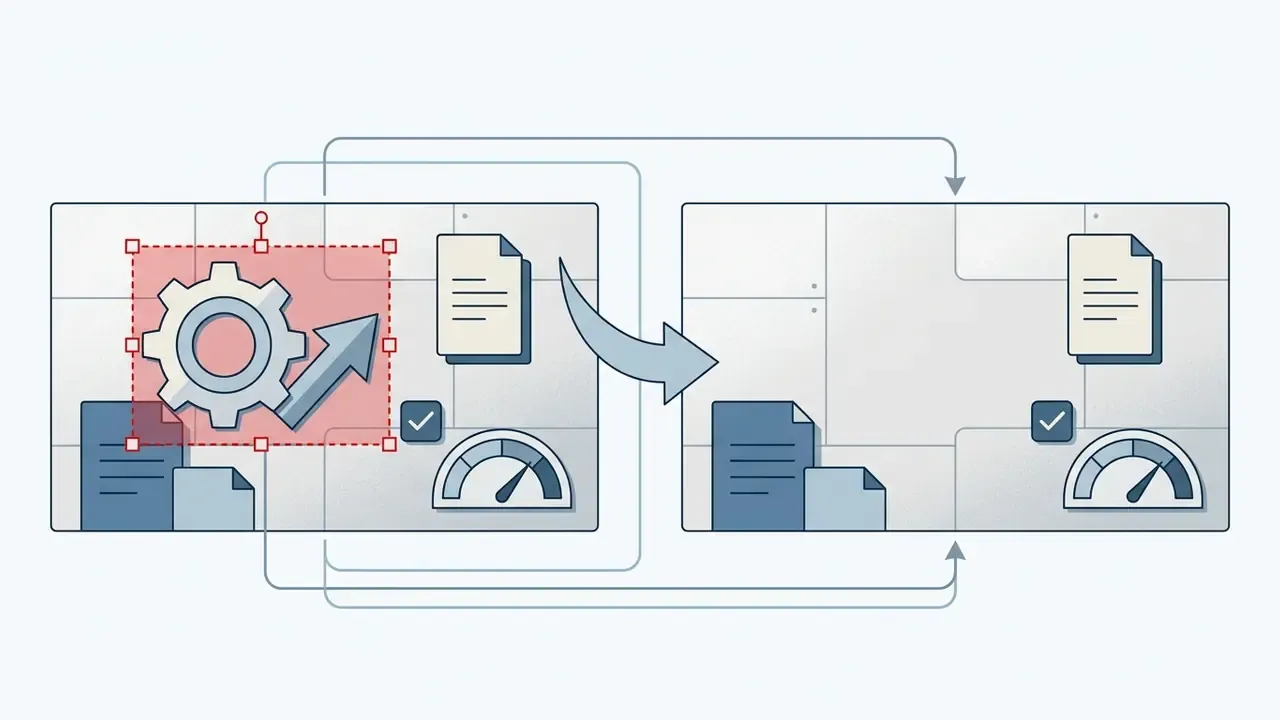 Two panels showing a gear and arrow being selected and removed from a document layout