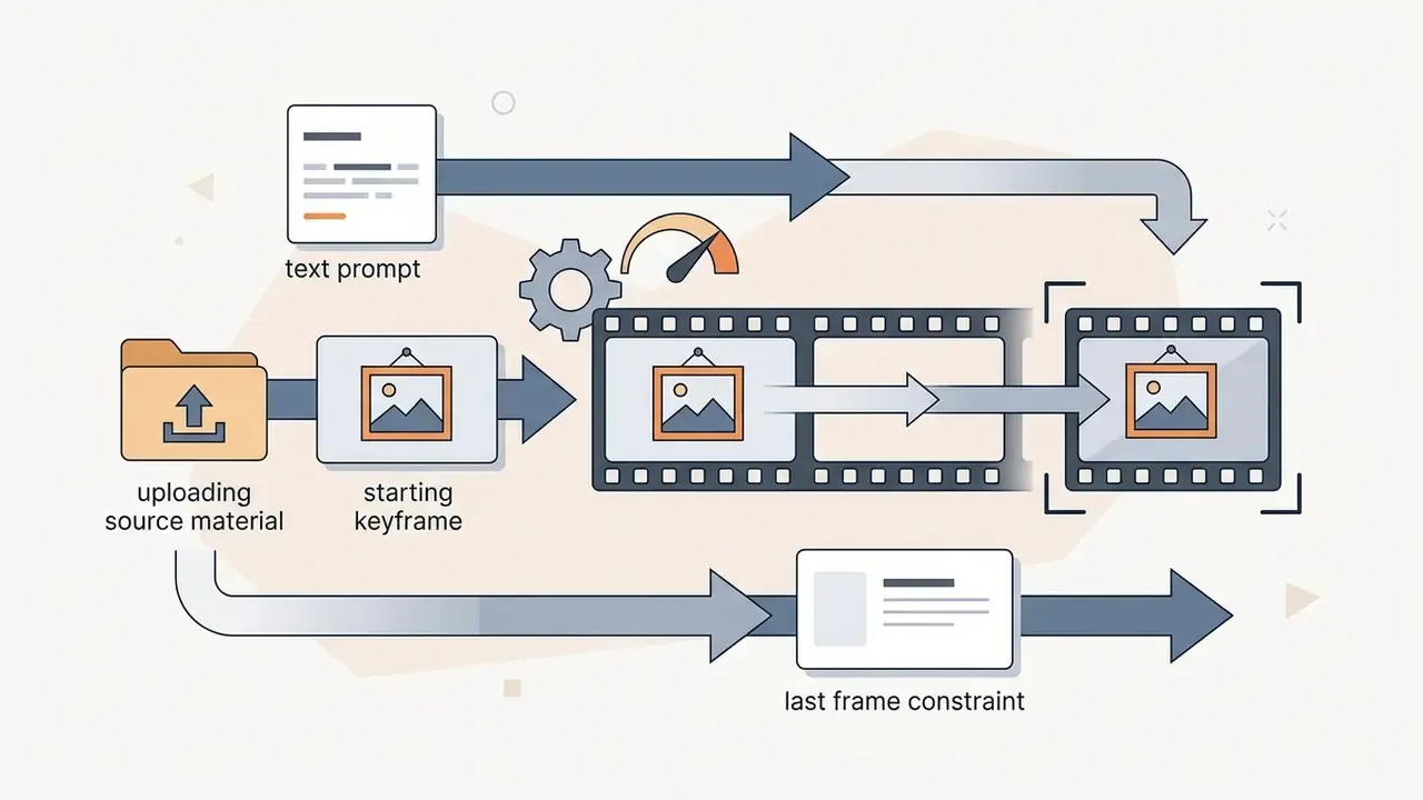 Arrows connecting a text prompt, uploaded image keyframe, and last frame constraint to a video strip
