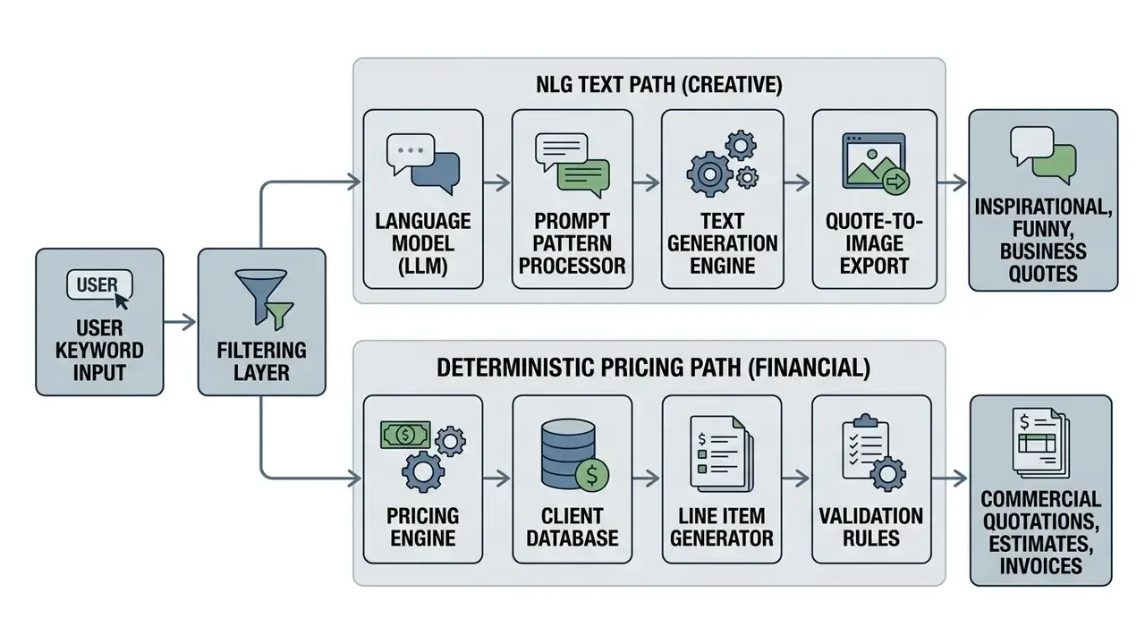 Diagram showing an AI quote generator splitting user input into creative text and pricing data paths