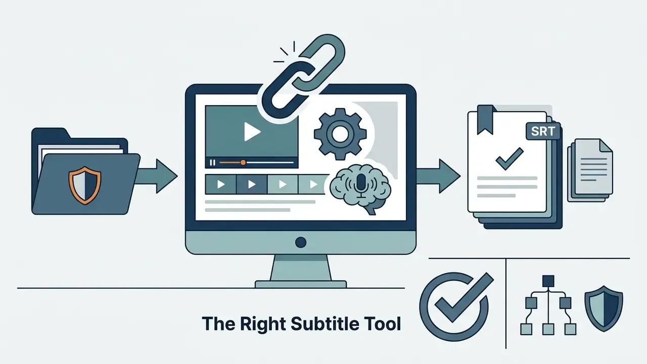 Secure local folder processing video files into SRT subtitle documents using offline AI tools