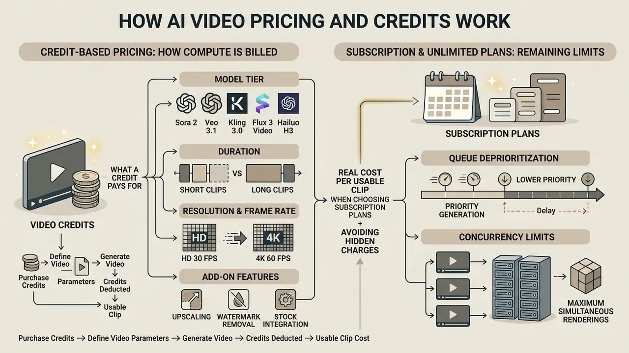 Flowchart comparing credit-based and subscription-based models for AI video generation costs