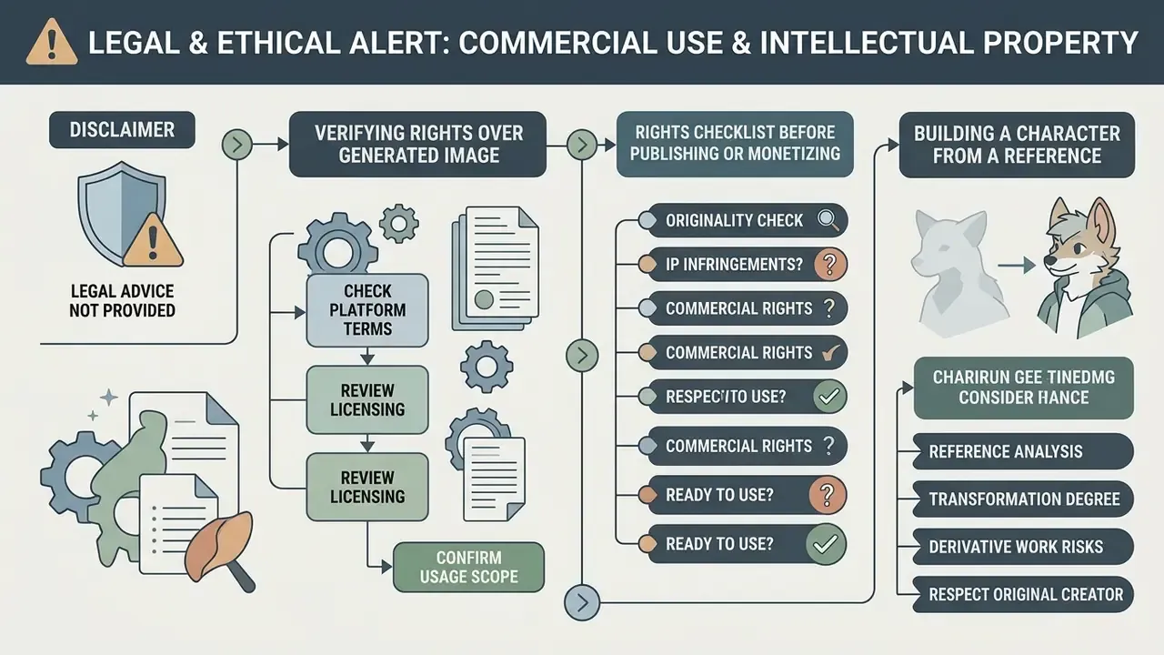 Flowchart outlining legal steps for verifying image rights and intellectual property before commercial use