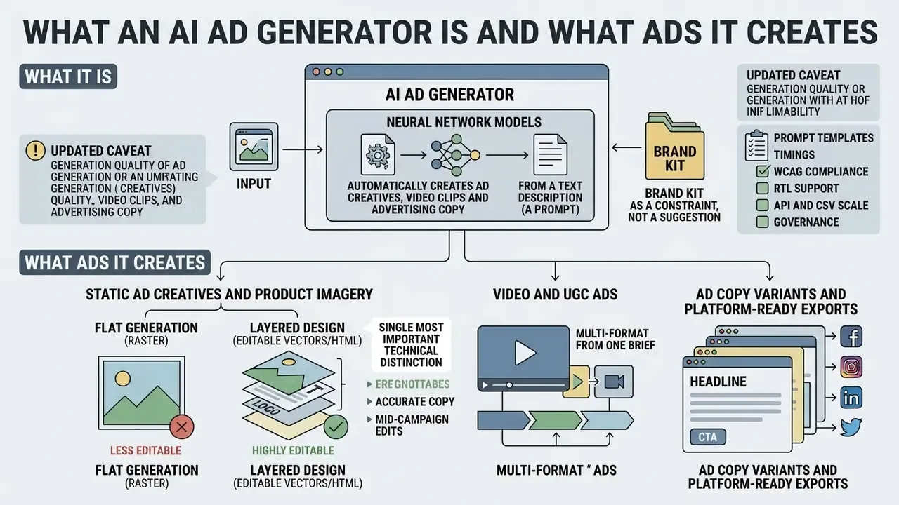 Diagram detailing how an AI ad generator processes inputs to produce static, video, and text ad formats