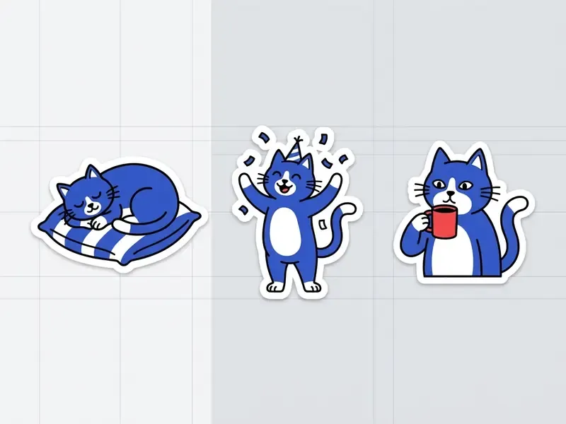 Three flat vector stickers of a royal blue cat sleeping, celebrating with confetti, and drinking coffee