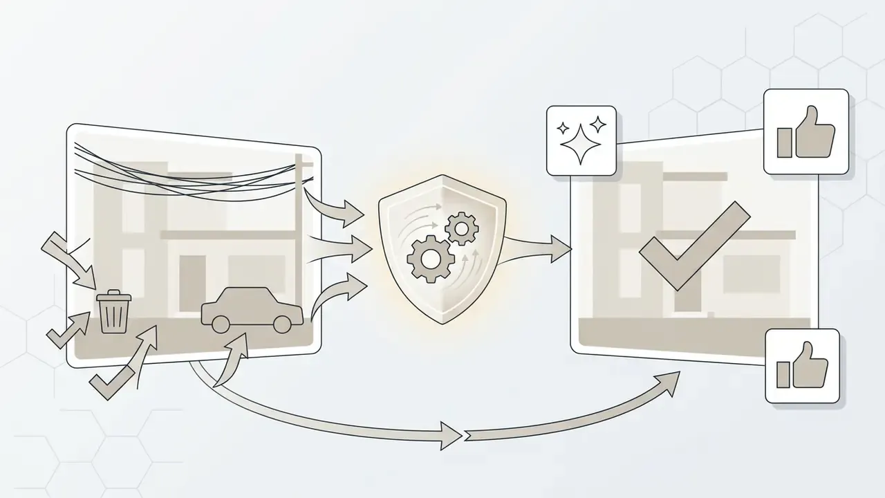 Process showing cluttered real estate photos being cleaned through a central gear shield and finalized