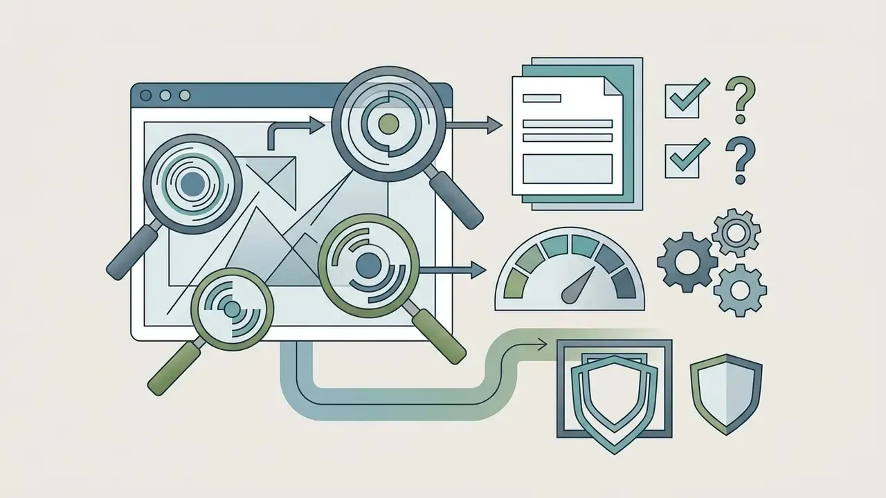 Magnifying glasses scanning a digital window leading to document checks, gauges, gears, and shield icons