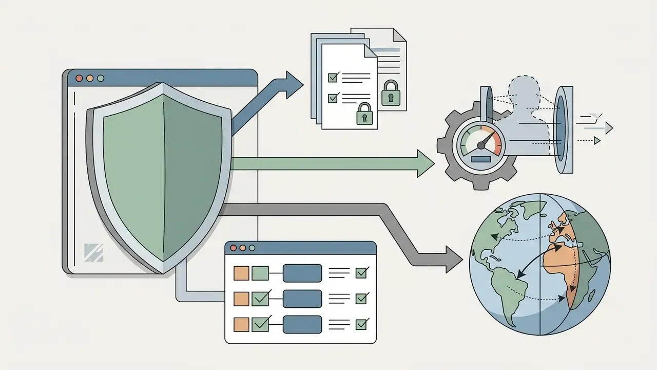 Shield protecting digital documents, processing gears, and a global map showing cross-border data transfers