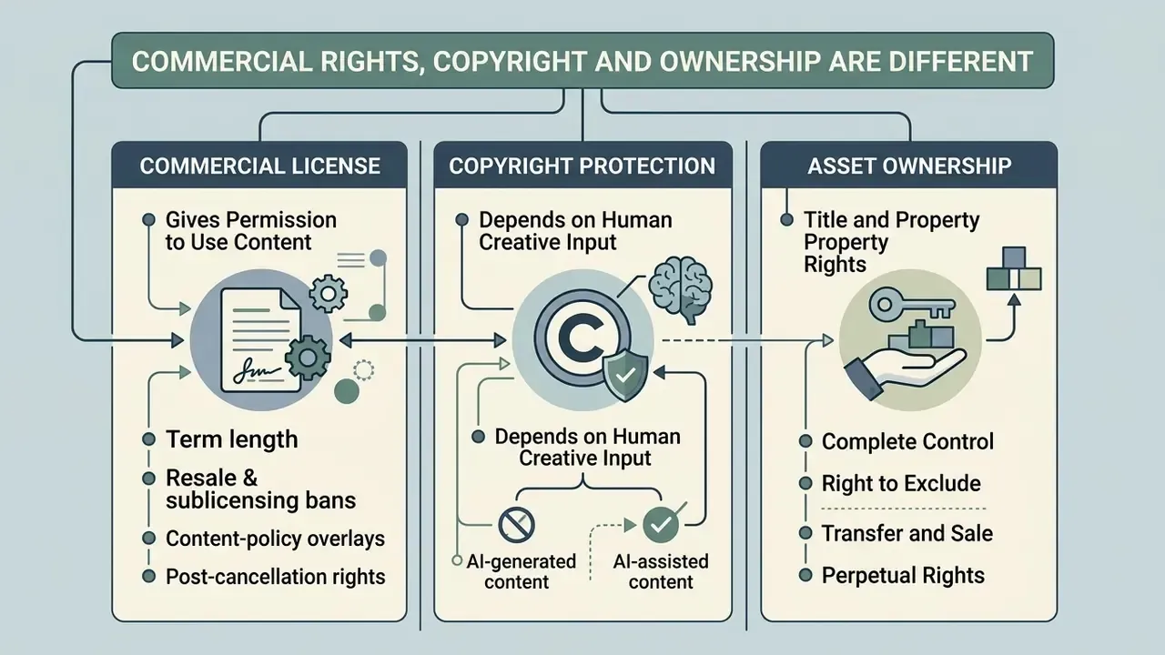 Diagram comparing commercial licenses, copyright protection, and asset ownership for AI media