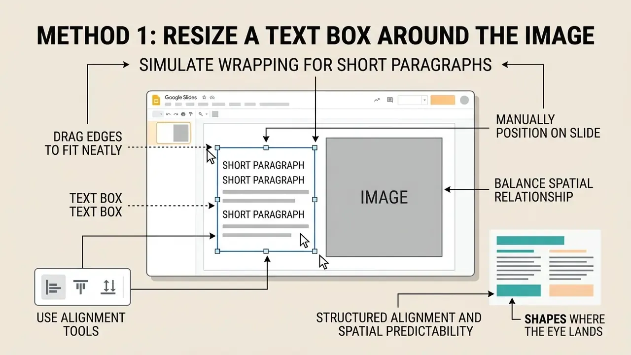 Diagram showing how to manually resize and align a text box next to an image in Google Slides