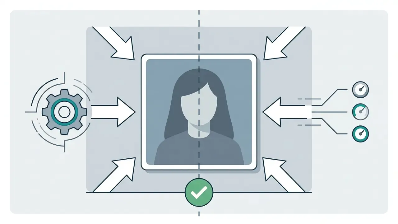 Portrait of a person being aligned centrally with directional arrows and technical processing icons