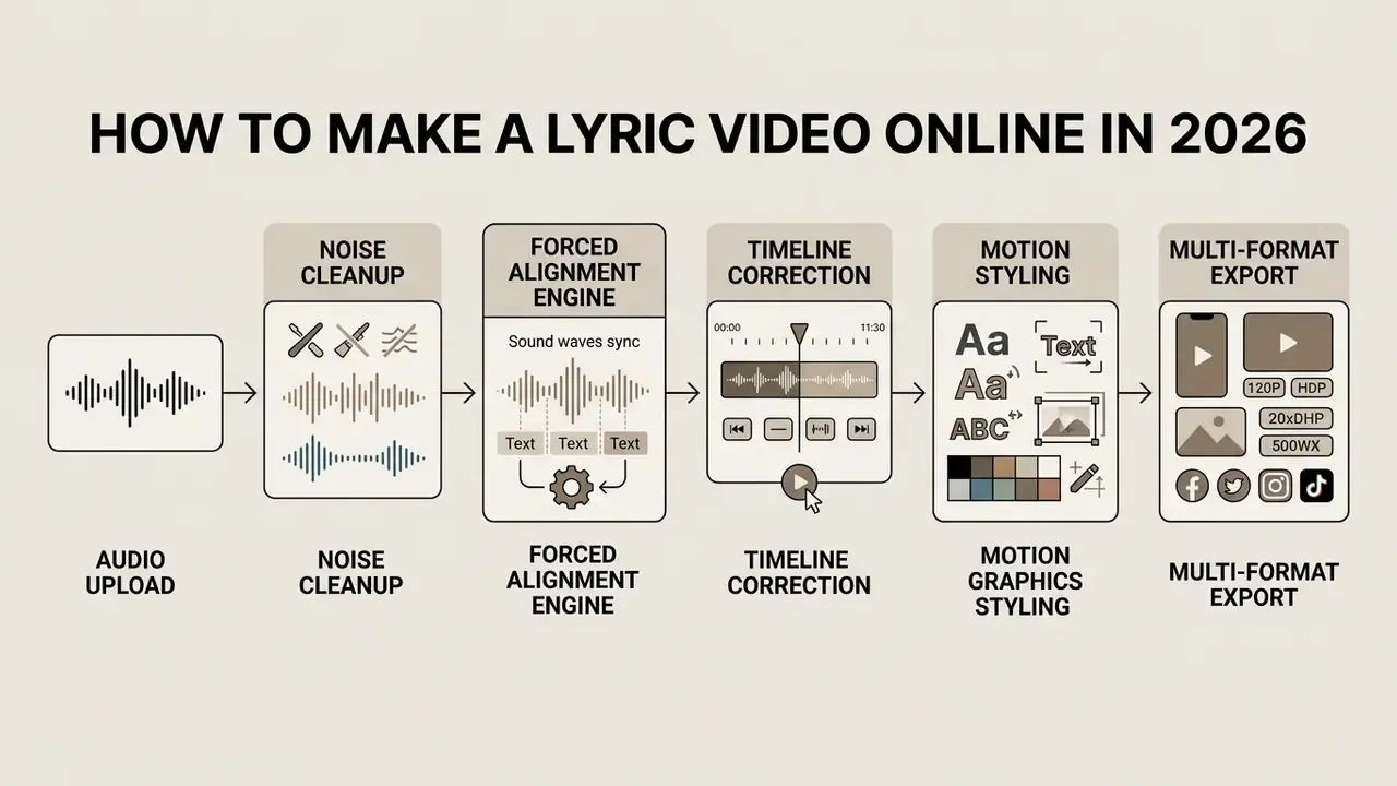 Flowchart showing audio processing steps from initial upload through alignment to final multi-format export