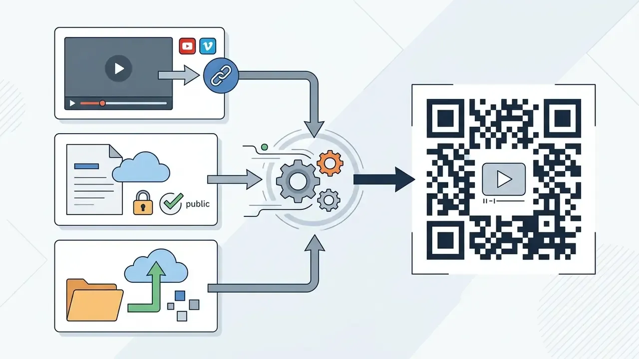 Three video source types feeding into a central processor to create a single video QR code