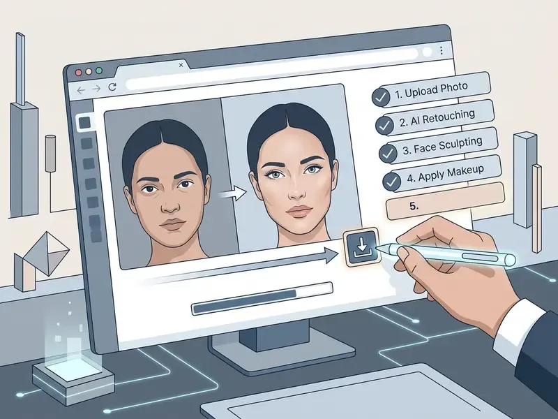 Hand using a stylus to click the download button on a screen showing a five-step portrait editing checklist