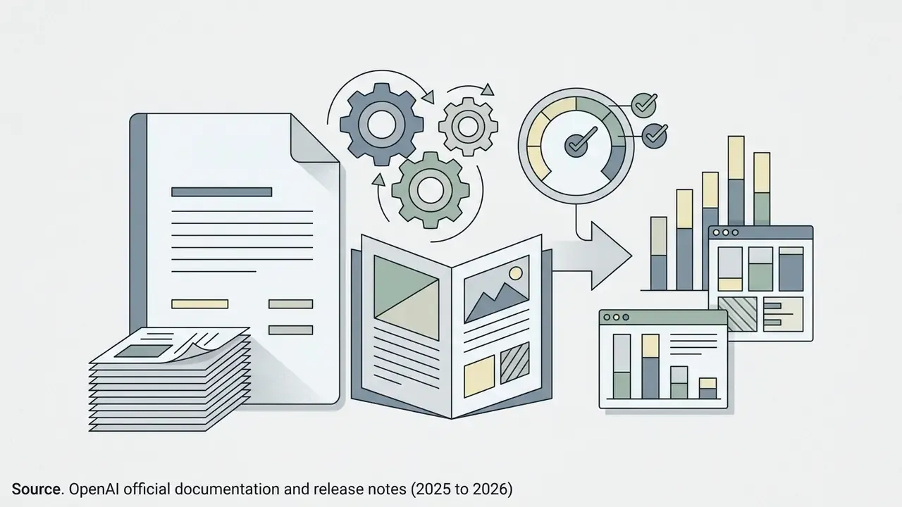 Documents and gears connecting to a gauge and charts to illustrate how to generate images with ChatGPT