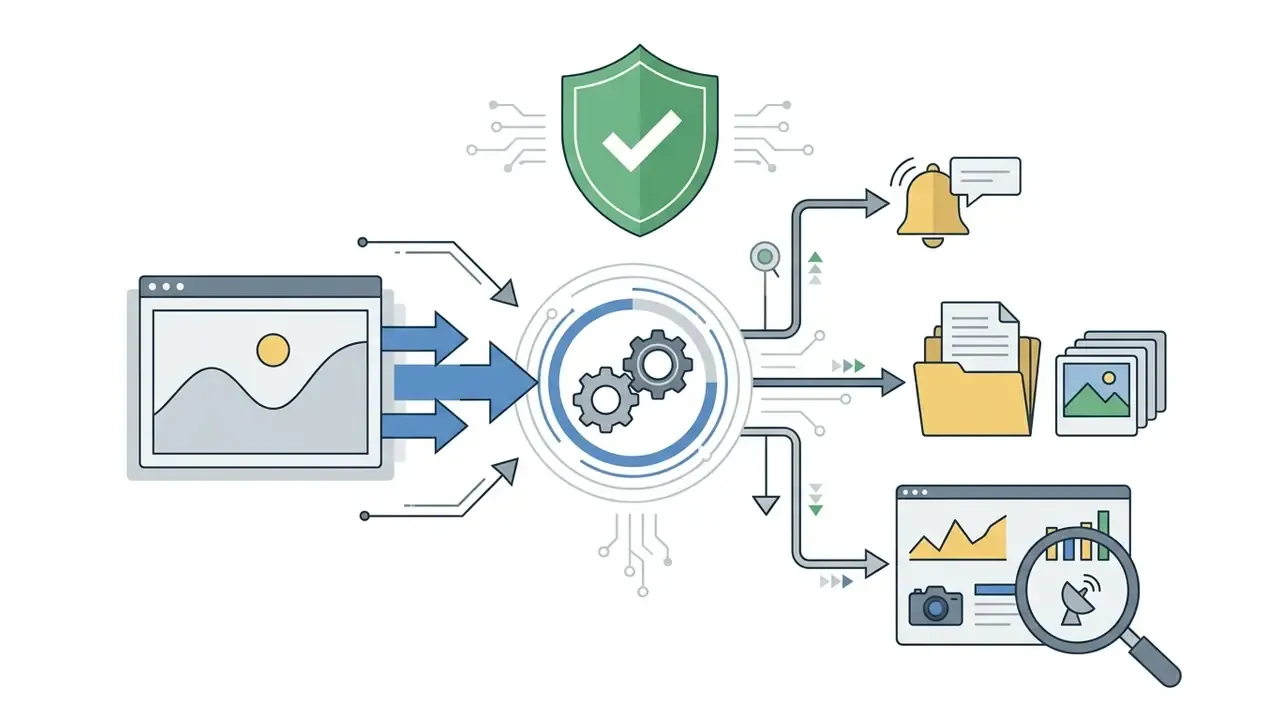 Digital input being processed through central gears to generate alerts, file collections, and metadata reports