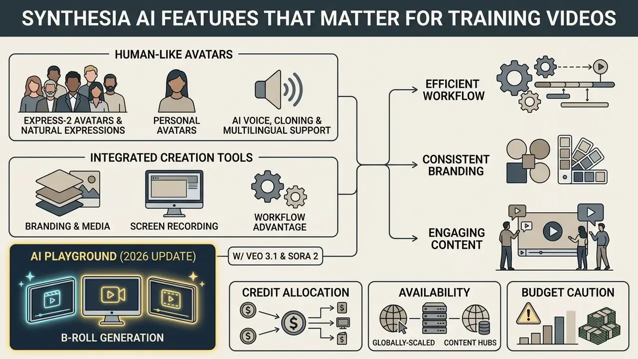Summary diagram of Synthesia AI features including avatars, voice tools, creation workflows, and budgets