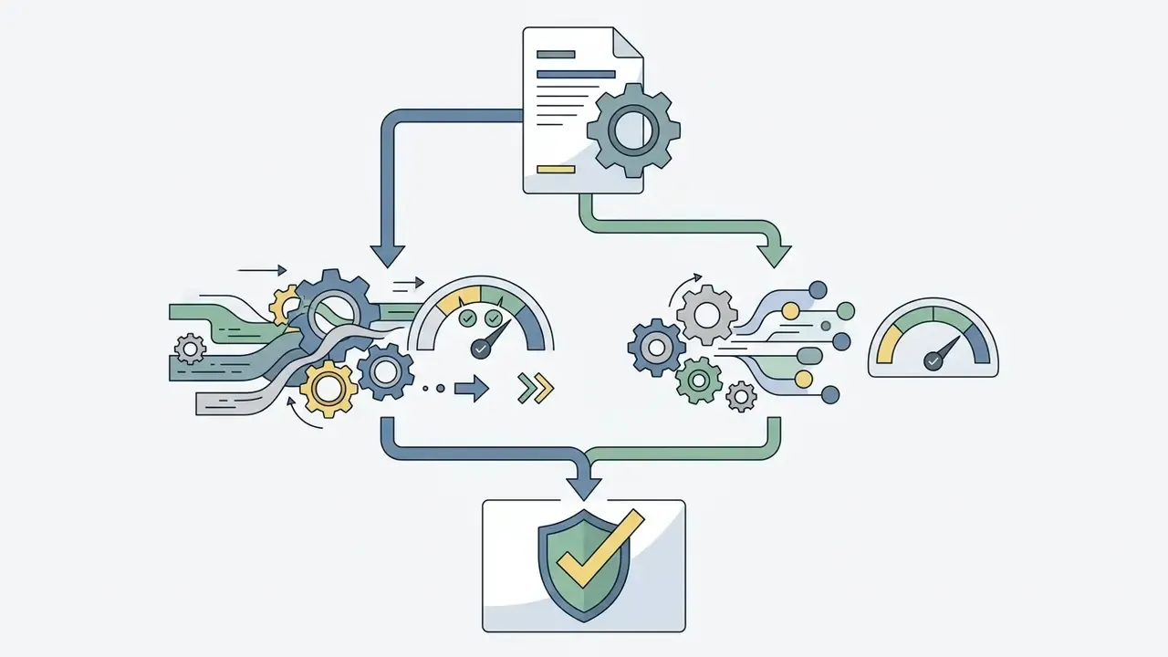 Document icon feeding into gear and gauge systems that converge into a final verified shield symbol