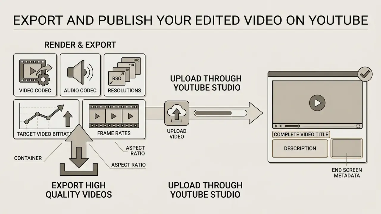 Flowchart showing technical export settings, video uploading, and metadata completion for YouTube