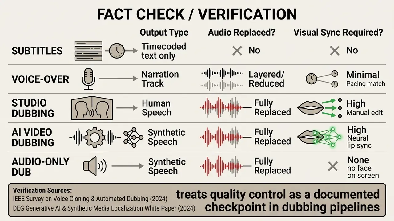 Comparison table outlining audio replacement and visual sync requirements for various dubbing methods