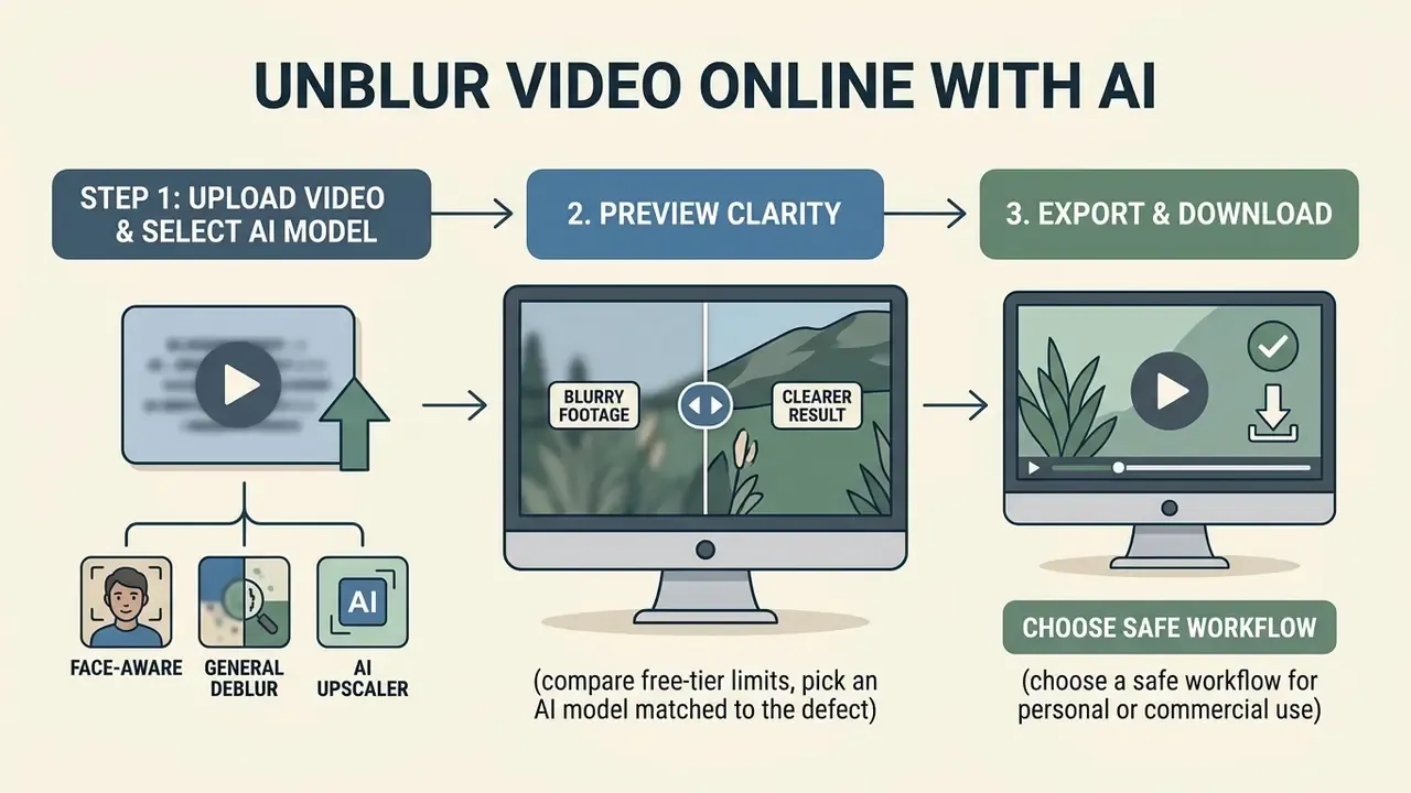 Three-step flowchart showing how to upload, preview, and download restored video files using AI models