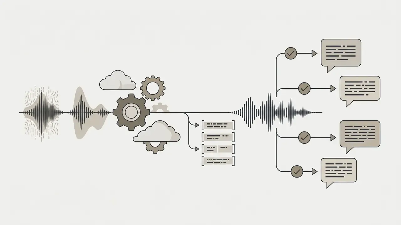 Audio waveform passing through cloud and gear icons to generate cleaned sound and multiple text captions