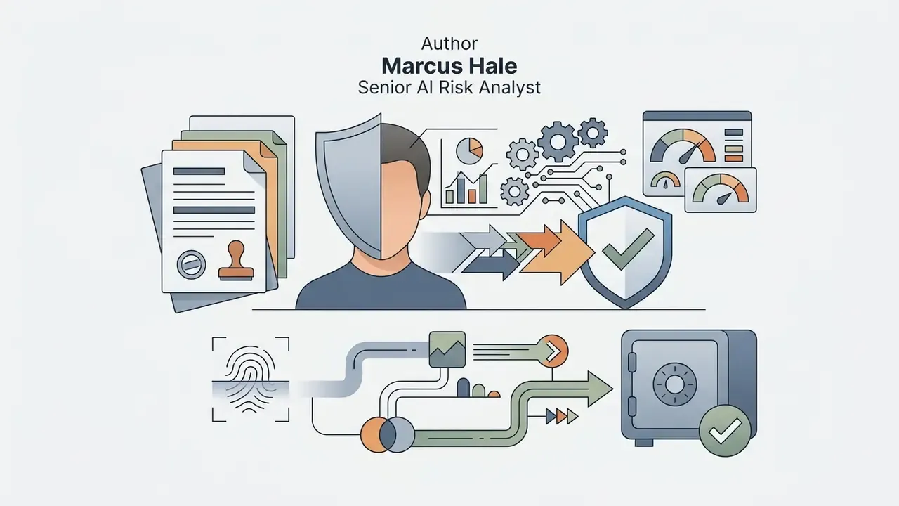 Headshot of a person protected by a shield alongside data processing icons and a secure digital vault