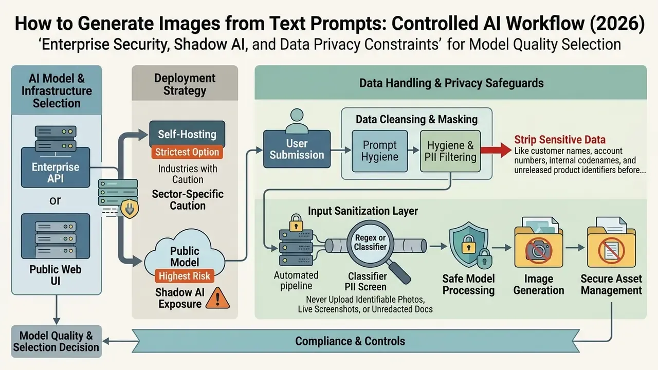 Diagram showing a secure workflow for processing text prompts into images with data privacy safeguards