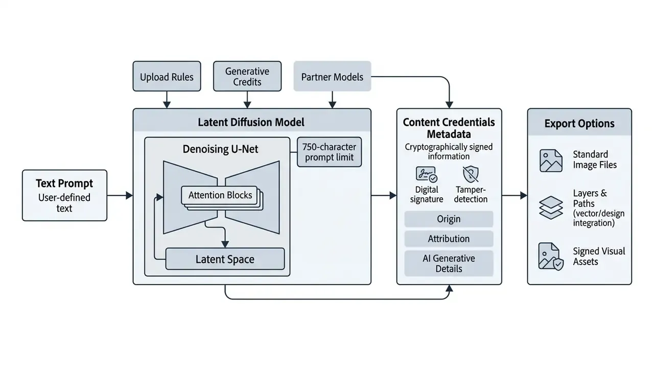 Architectural pipeline of an Adobe AI image generator showing text prompts transforming into signed assets