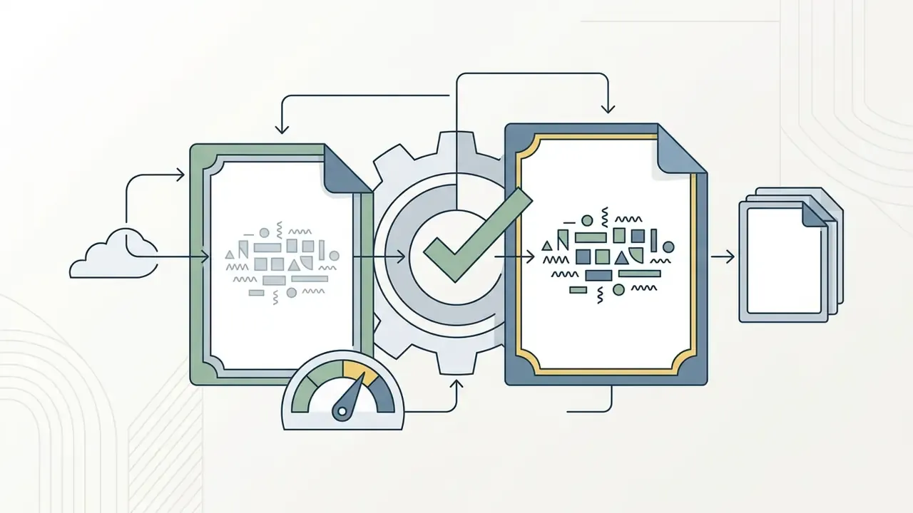 Cloud icon feeding text into a document template processed by a gear and checkmark for print output