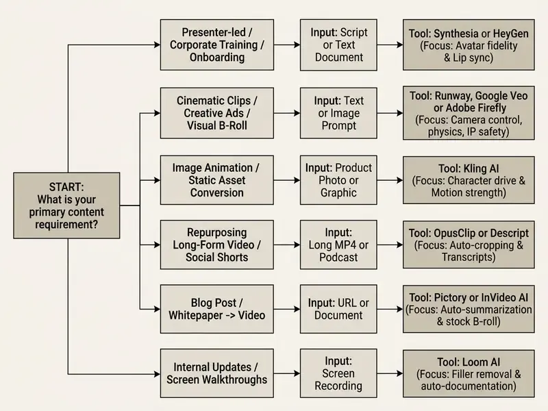 Decision tree flowchart mapping content requirements to specific AI video generator tools and inputs