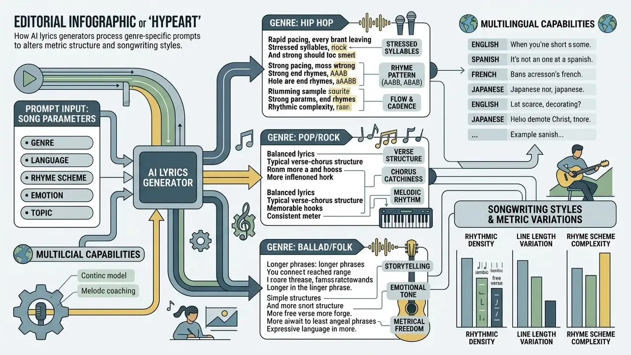 Flowchart mapping how specific musical genre settings influence lyric structure and rhythmic patterns